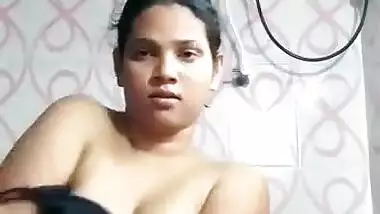 Big boobs young wife recording video for her hubby in bathroom