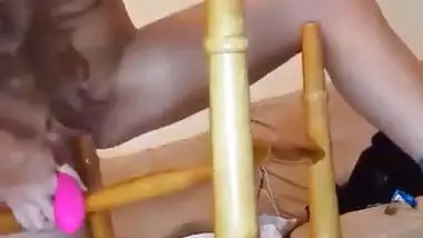 Crazy wild girl fucks her pussy with a chair leg